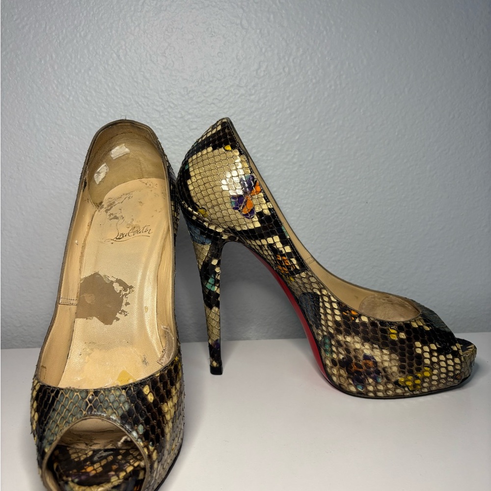 Christian Louboutin Snake Print Peep Toe Heels